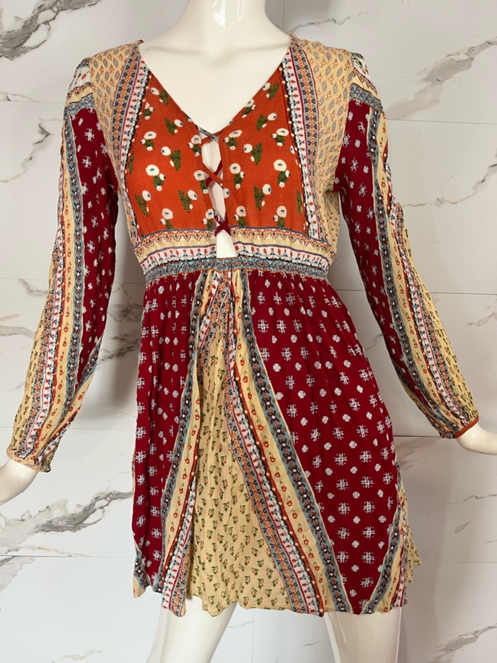 Patrons of Peace Boho Floral Patchwork Long Sleeve Mini Dress Orange Size XS